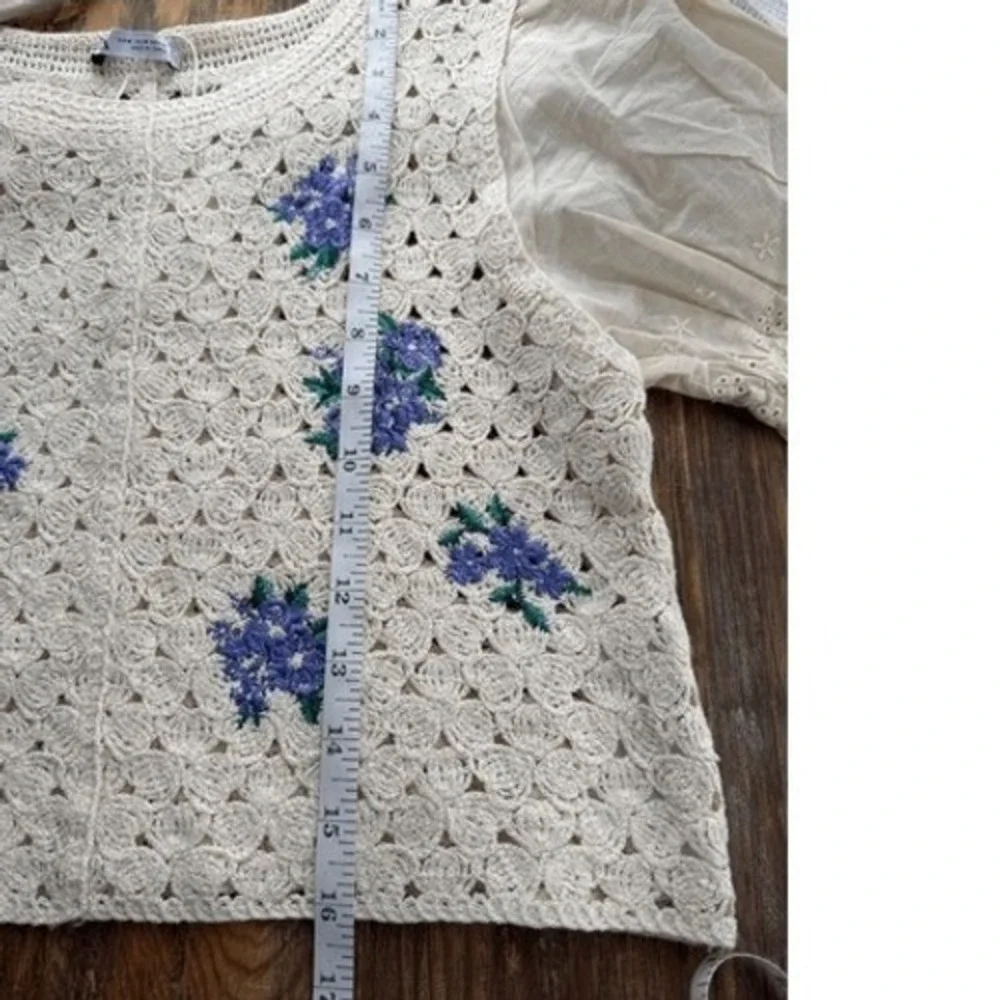 B8 Zara Crochet Top Floral Embroidery Puff Sleeve Boho Cottagecore Eyelet Trim